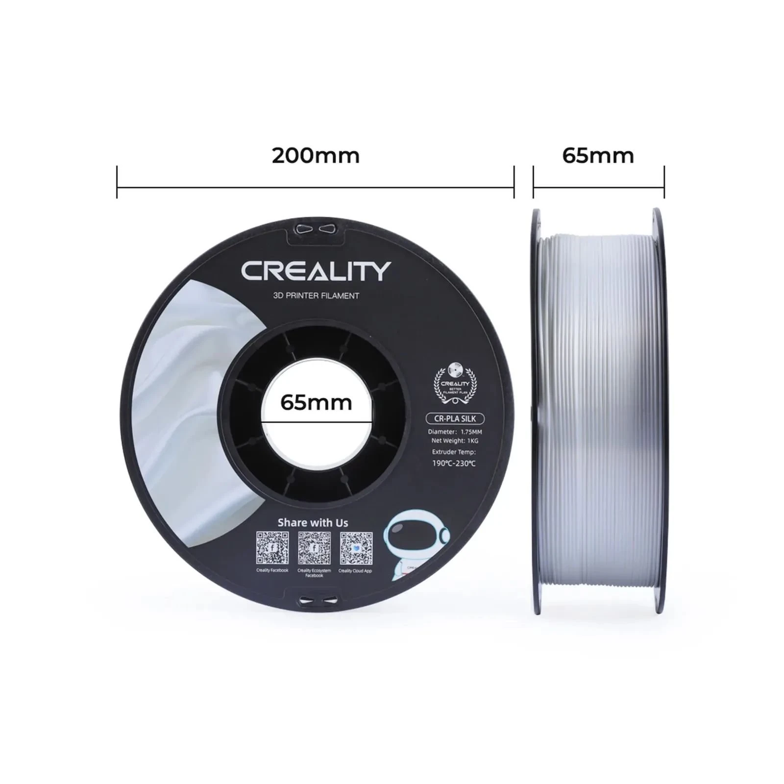 Пластик для 3D-принтера Creality PLA silky shine 1кг, 1.75мм, білий (3301120004) (UA) Тип пластику: PLA; Діаметр: 1.75 мм;