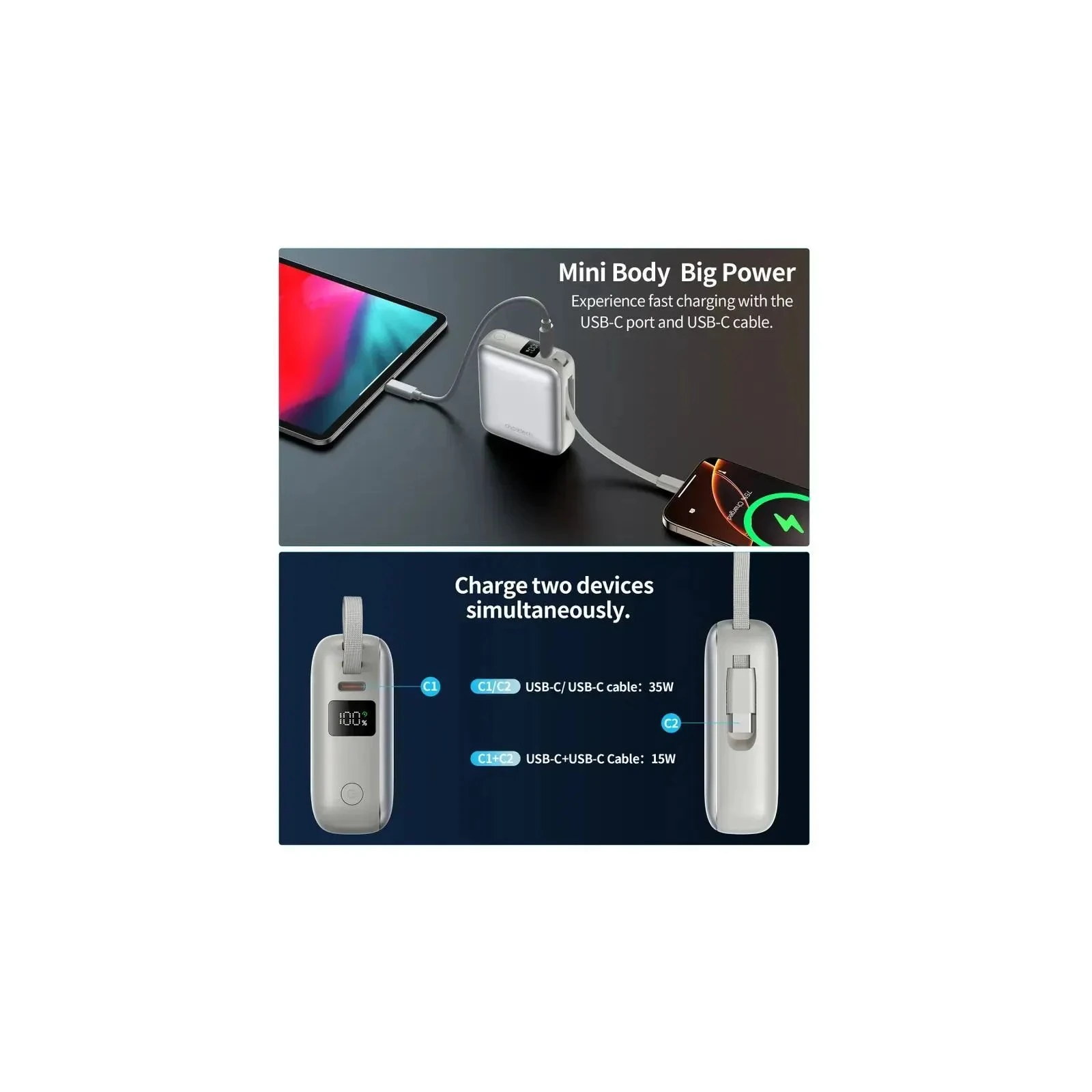 Choetech 10000mAh, 35W. PD/3.0, LED Display, buid-in type-C cabel, Silver (B832-SL) (UA)