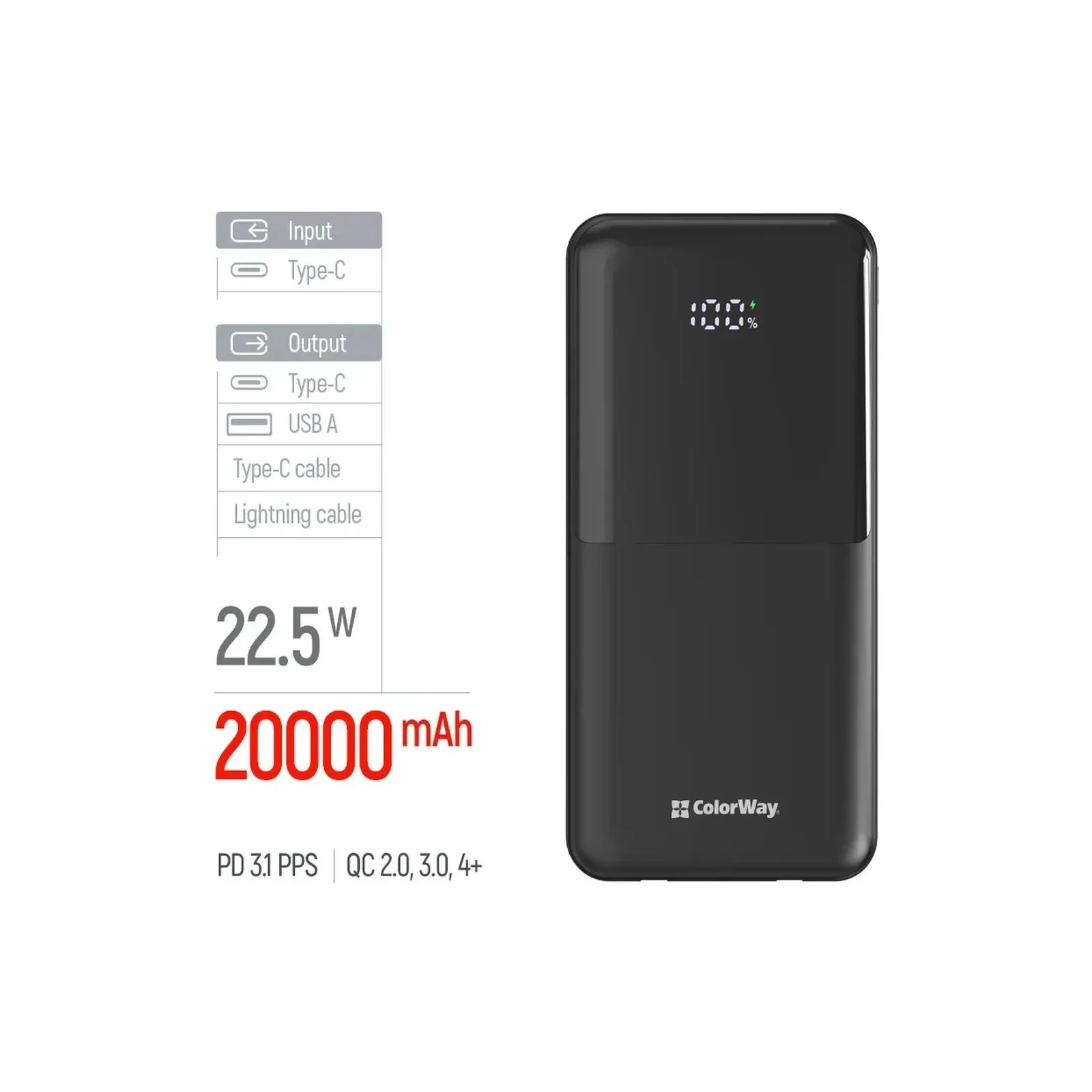 ColorWay 20 000 mAh DigiPower PD/22.5W, QC/4.0, Black (CW-PB200LP01BK) (UA)