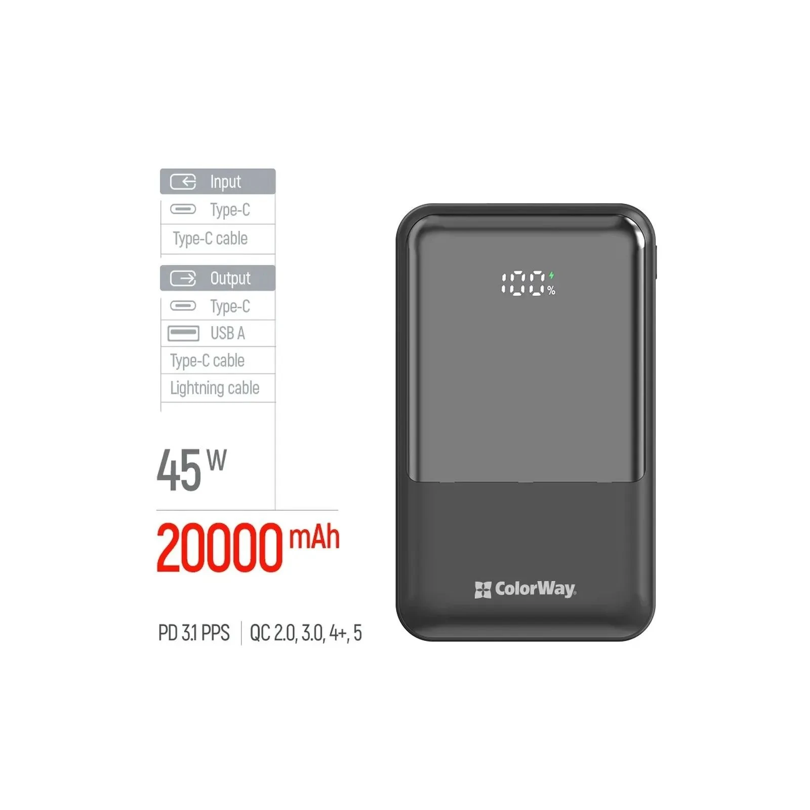 ColorWay 20 000 mAh DigiPower PD/45W, QC/4.0, Black (CW-PB200LP04BK) (UA)
