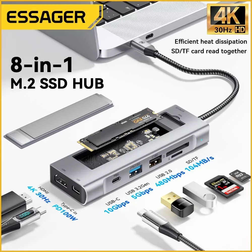 USB-хаб Essager 8 in 1 USB-C Hub with 10Gbps M.2 NVMe SSD Enclosure (EHB08-QK0G-Z) (UA)