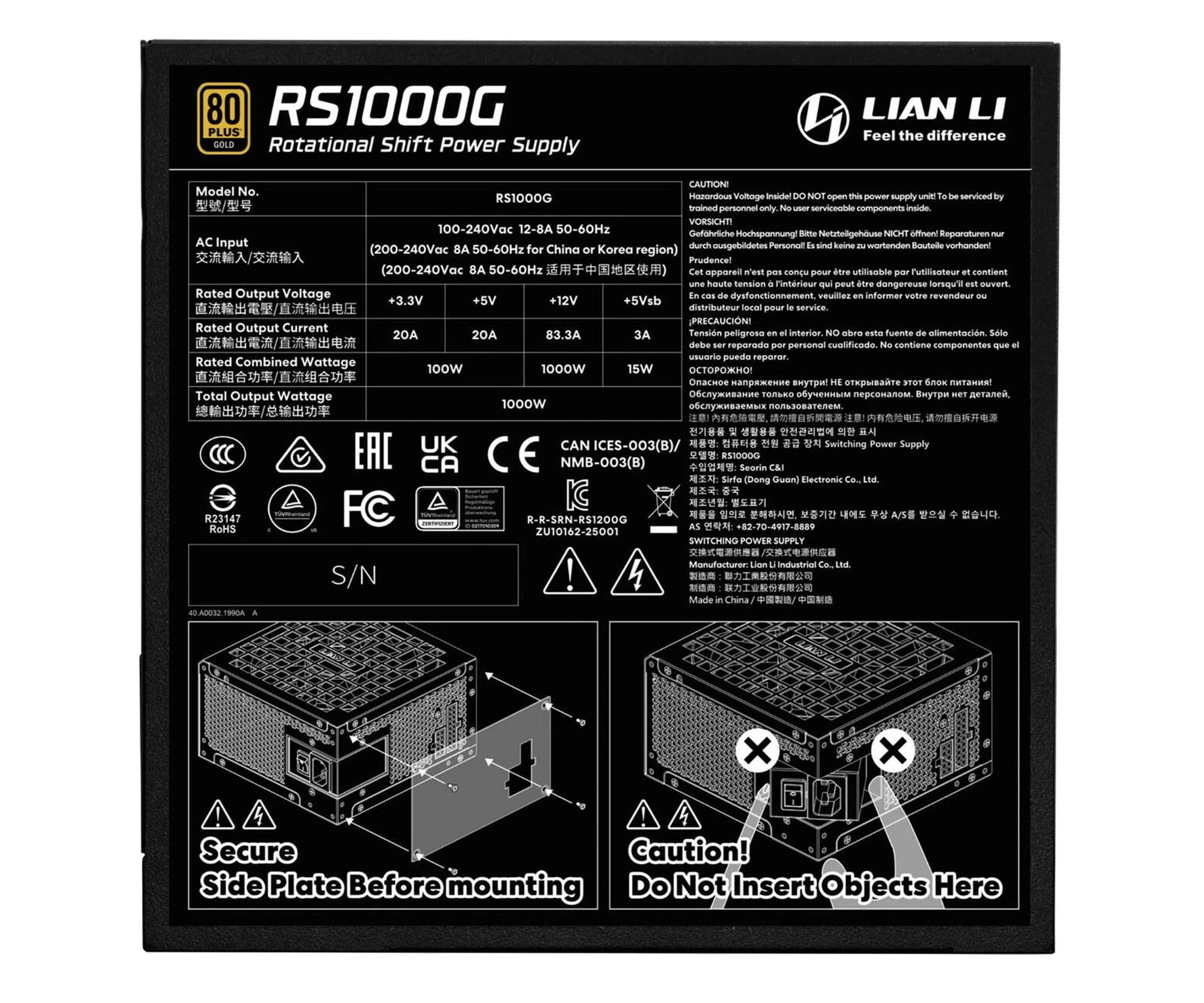 Lian Li RS Series 1000W 80 Plus Gold ATX 3.1 (NELI-032/G9P.RS1000G.BH00.EU) EU