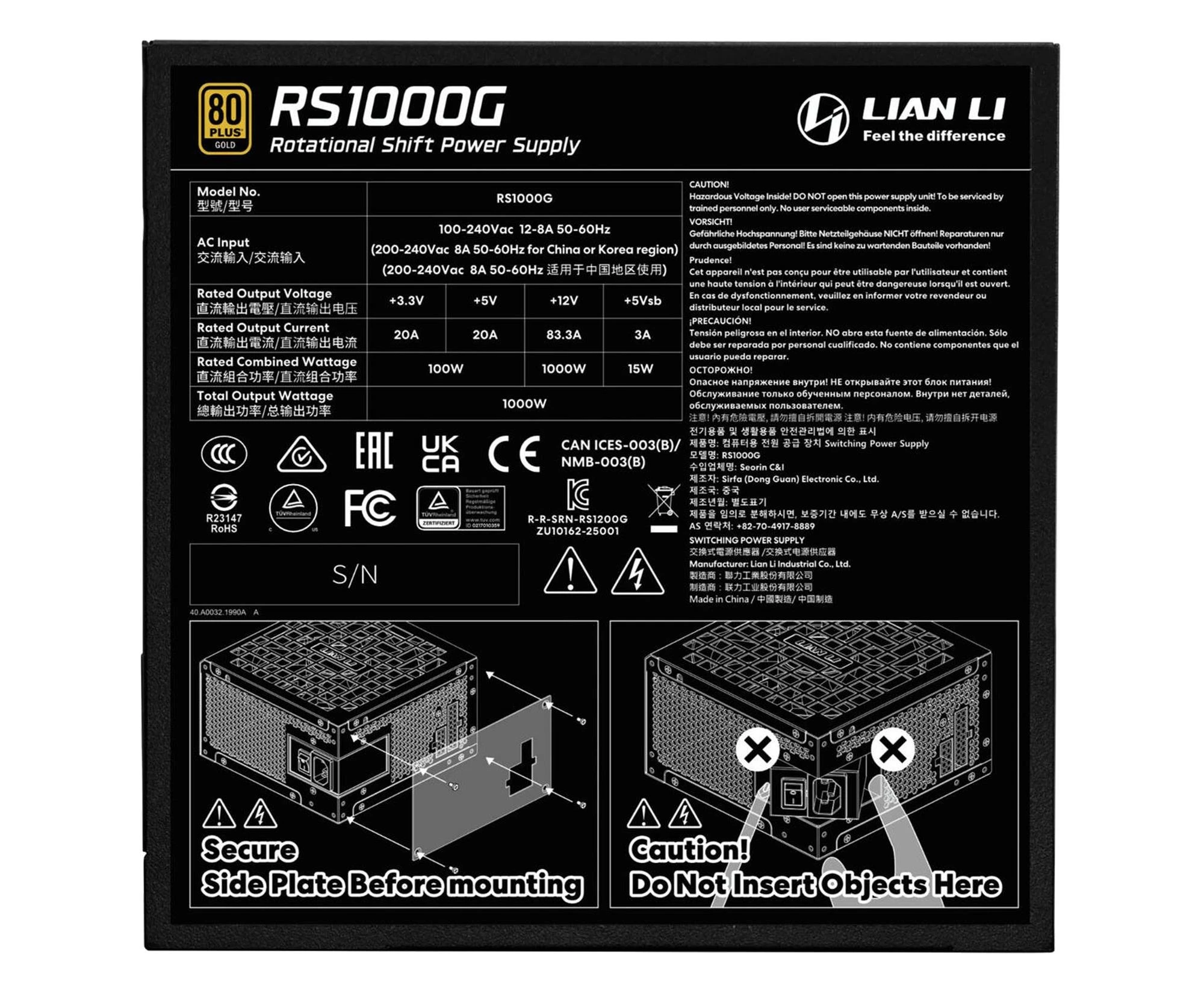 Lian Li RS Series 1000W 80 Plus Gold ATX 3.1 (NELI-034/G9P.RS1000G.B000.EU) EU