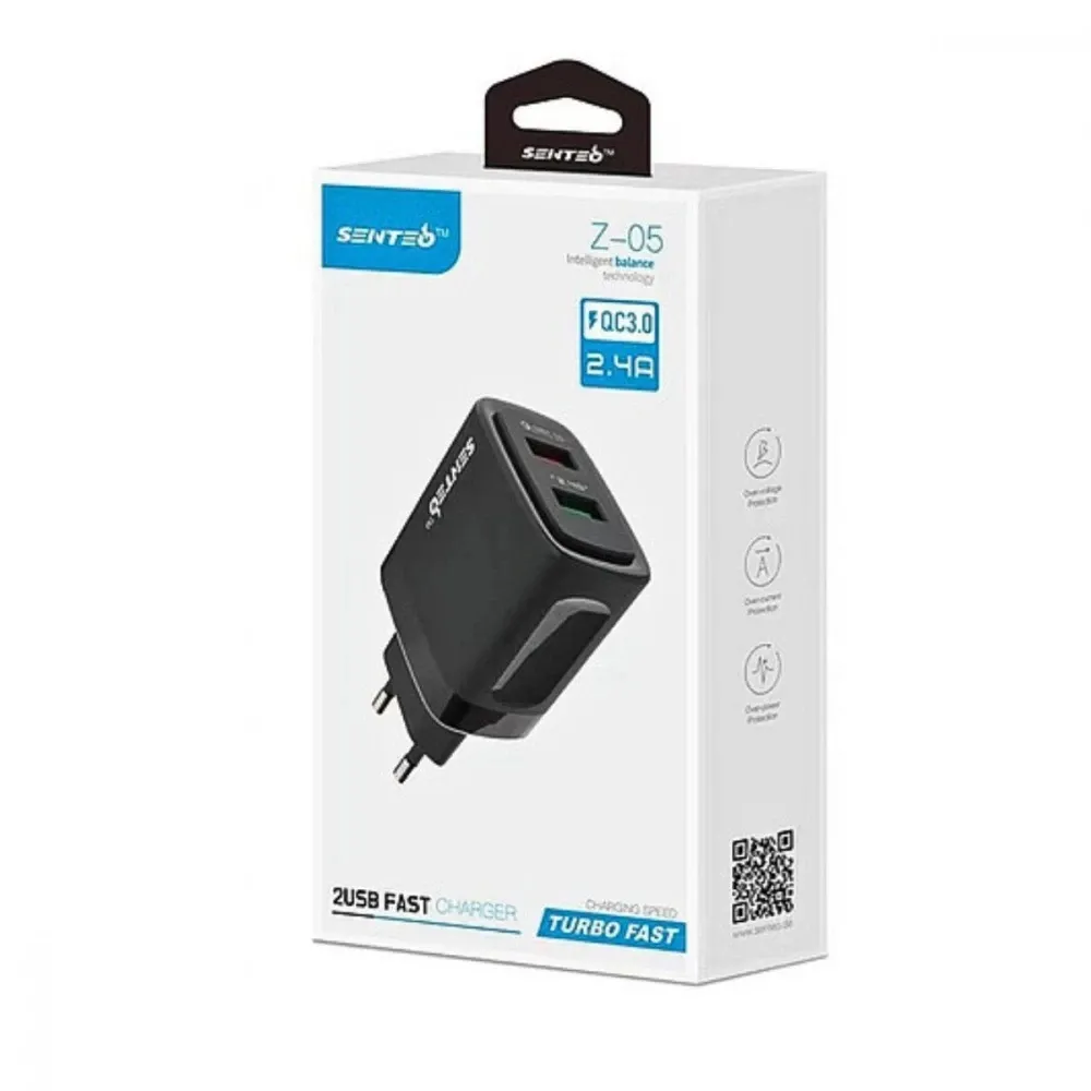Сетевое зарядное устройство SENTEO Z-05 2USB 2.4A QC3.0 Black