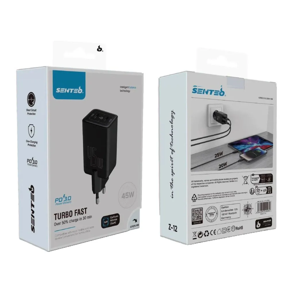 Мережевий зарядний пристрій SENTEO Z-12 2USB-C PD3.0 45W Super Fast charge Black Вхідне підключення: мережа