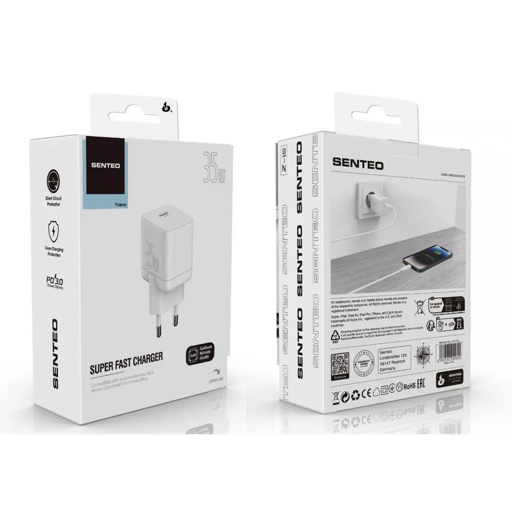 Мережевий зарядний пристрій SENTEO Z-15 USB-C PD 35W White Вхідне підключення: мережа