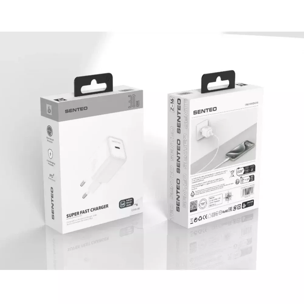 Мережевий зарядний пристрій SENTEO Z-16 USB-C PD 30W White Вхідне підключення: мережа