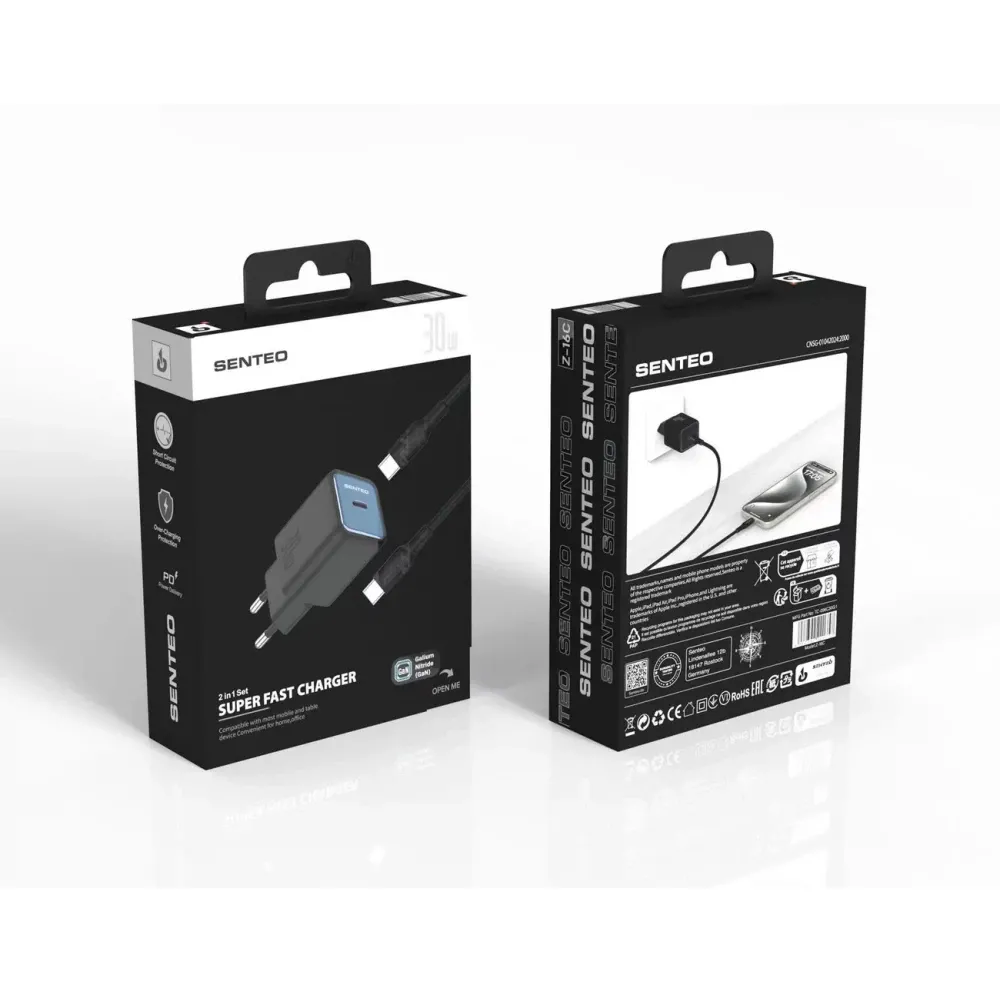 Мережевий зарядний пристрій SENTEO Z-16c USB-C PD 30W Type-C to Type-C cable Black Вхідне підключення: мережа