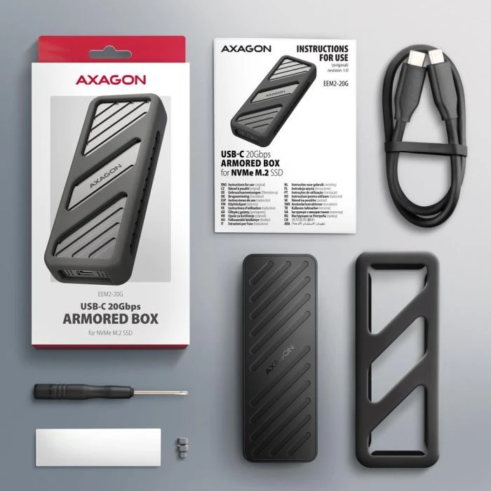 Зовнішній карман AXAGON USB-C 20Gbps metal box for M.2 NVMe SSD ARMORED (EEM2-20G) (UA) Форм-фактор: M.2; Габарити: 15 x 112 x 40