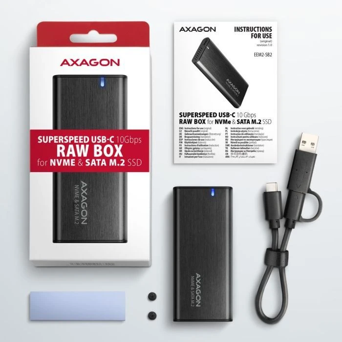 Зовнішній кишеня AXAGON USB-C 3.2 Gen 2 metal box для M.2 NVMe & SATA SSD RAW (EEM2-SB2) (UA)
