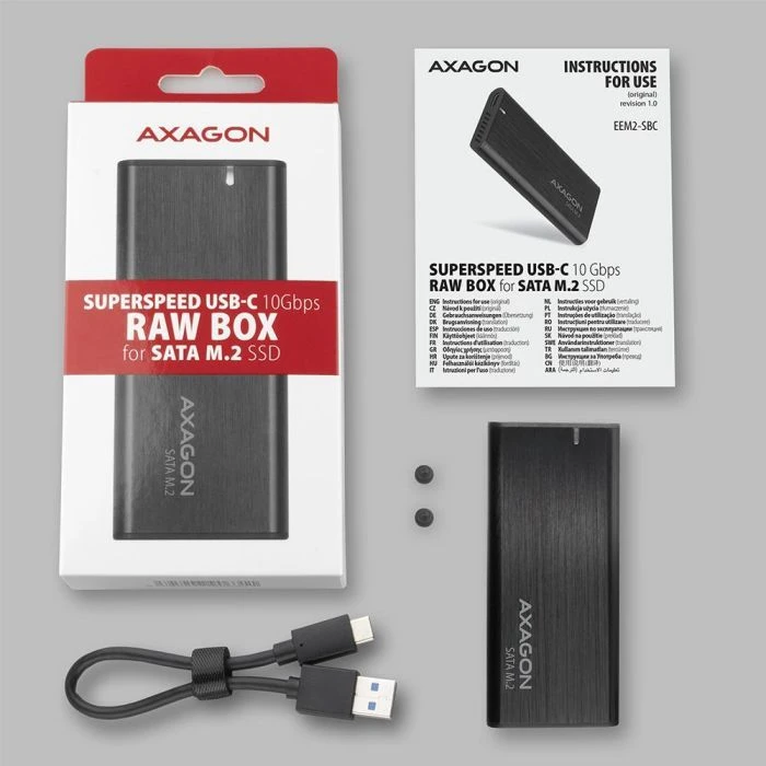 Карман внешний AXAGON USB-C 3.2 Gen 2 metal box for M.2 SATA SSD RAW (EEM2-SBC) (UA) Форм-фактор: M.2; Габариты: 94 x 41 x 10