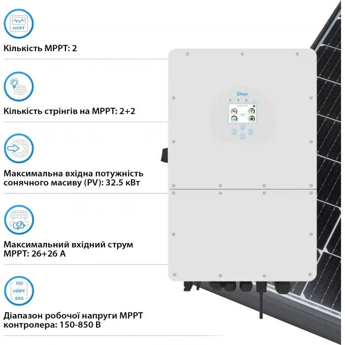 Солнечный инвертор Deye SUN-25K-SG01HP3-EU, 25кВт (SUN-25K-SG01HP3-EU) (UA) Тип инвертора: гибридный;