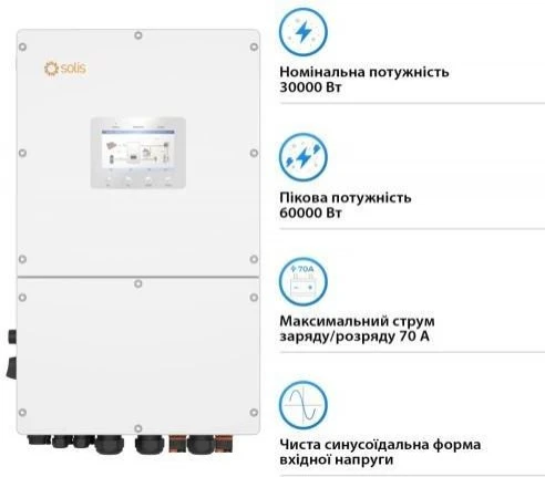 Гибридный солнечный инвертор Solis Solar S6-EH3P30K-H (UA) Бренд: Solis Solar; Номинальная