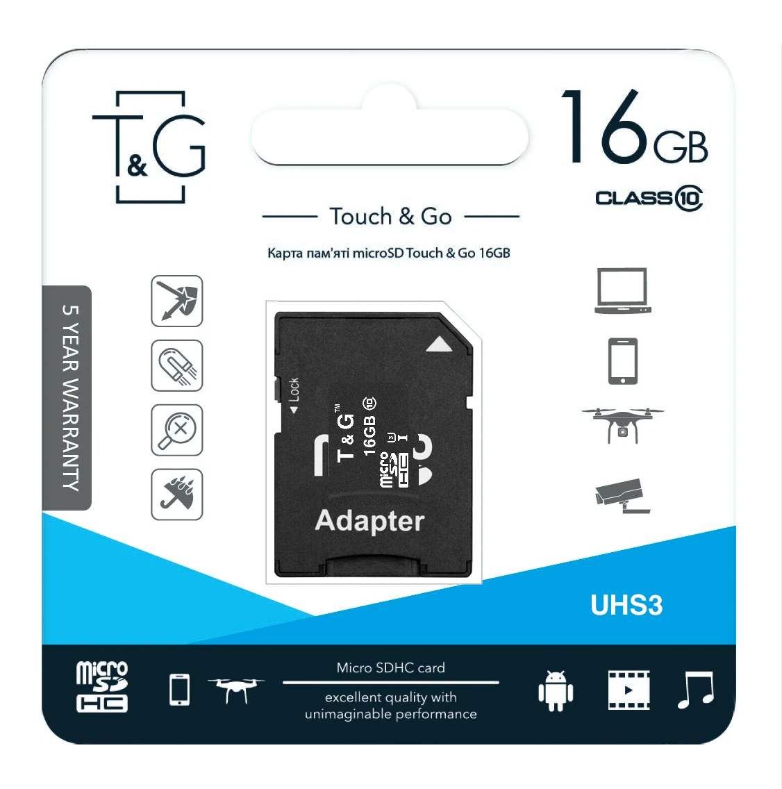 MicroSDHC 16GB UHS-I U3 Class 10 T&G + SD-adapter (TG-16GBSD10U3-01) (UA) Тип карты: microSDHC; Объем памяти: 16