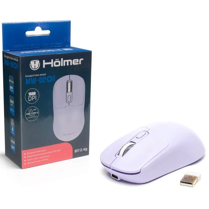 а Holmer MW-02OF Wireless/Bluetooth Purple (MW-02OF) (UA) Тип: Безшумні, Класичні;