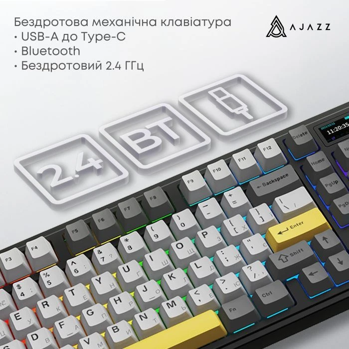 а Ajazz AK980 V2 Gift Switch V2 Wireless/Bluetooth/USB UA Black/Grey/Yellow (AK980-V2-G-BGY) (UA)