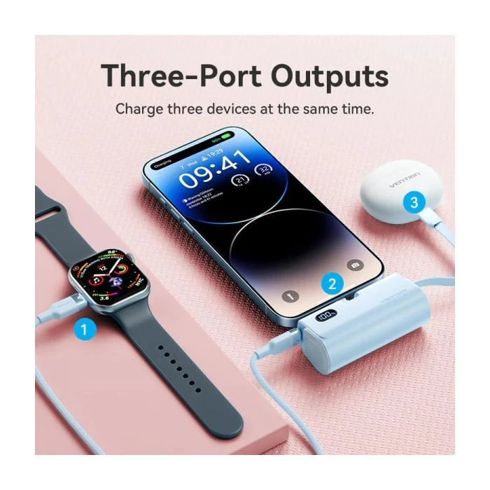 VENTION 4800mAh 22,5W PD, USB-C In/Out, LED display, with built-in Lightning cable Black (FHRB0) (UA)