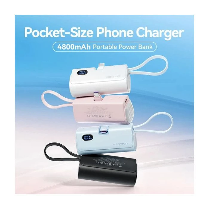VENTION 4800mAh 22,5W PD, USB-C In/Out, LED display, with built-in USB-C cable Black (FHQB0) (UA) Ємність: 4800 mAh; Вихідний струм: 3 A;
