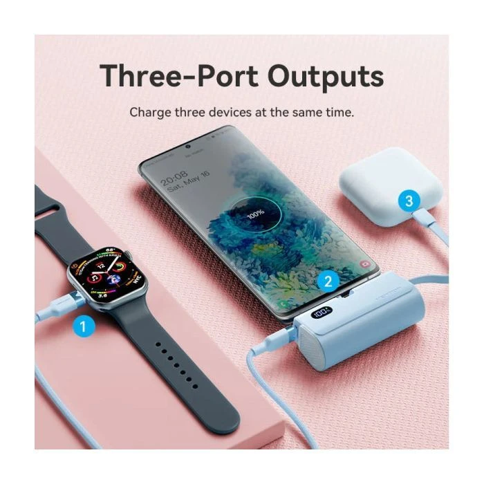 VENTION 4800mAh 22,5W PD, USB-C In/Out, LED display, with built-in USB-C cable Black (FHQB0) (UA)