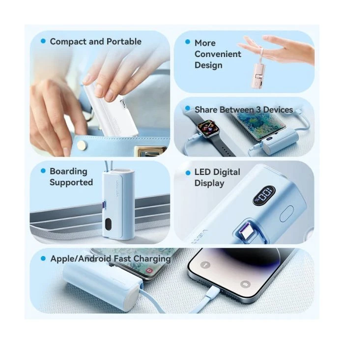 VENTION 4800mAh 22,5W PD, USB-C In/Out, LED display, with built-in USB-C cable Blue (FHQL0) (UA)