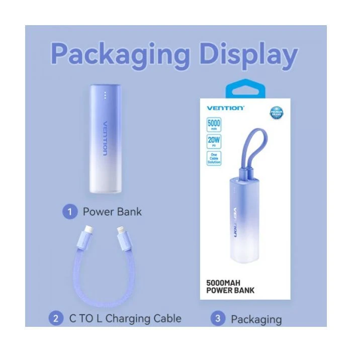 VENTION 5000mAh 20W PD, USB-C In/Out, Lightning In/Out, with cable, Gradient Blue (FHWL0) (UA)