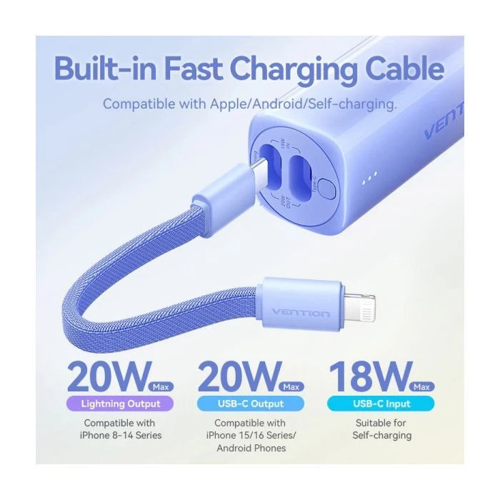 VENTION 5000mAh 20W PD, USB-C In/Out, Lightning In/Out, with cable, Gradient Blue (FHWL0) (UA)