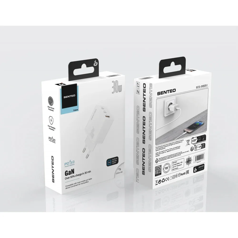 Мережевий зарядний пристрій SENTEO Z-17 USB + 2USB-C 3A GaN PD 30W White