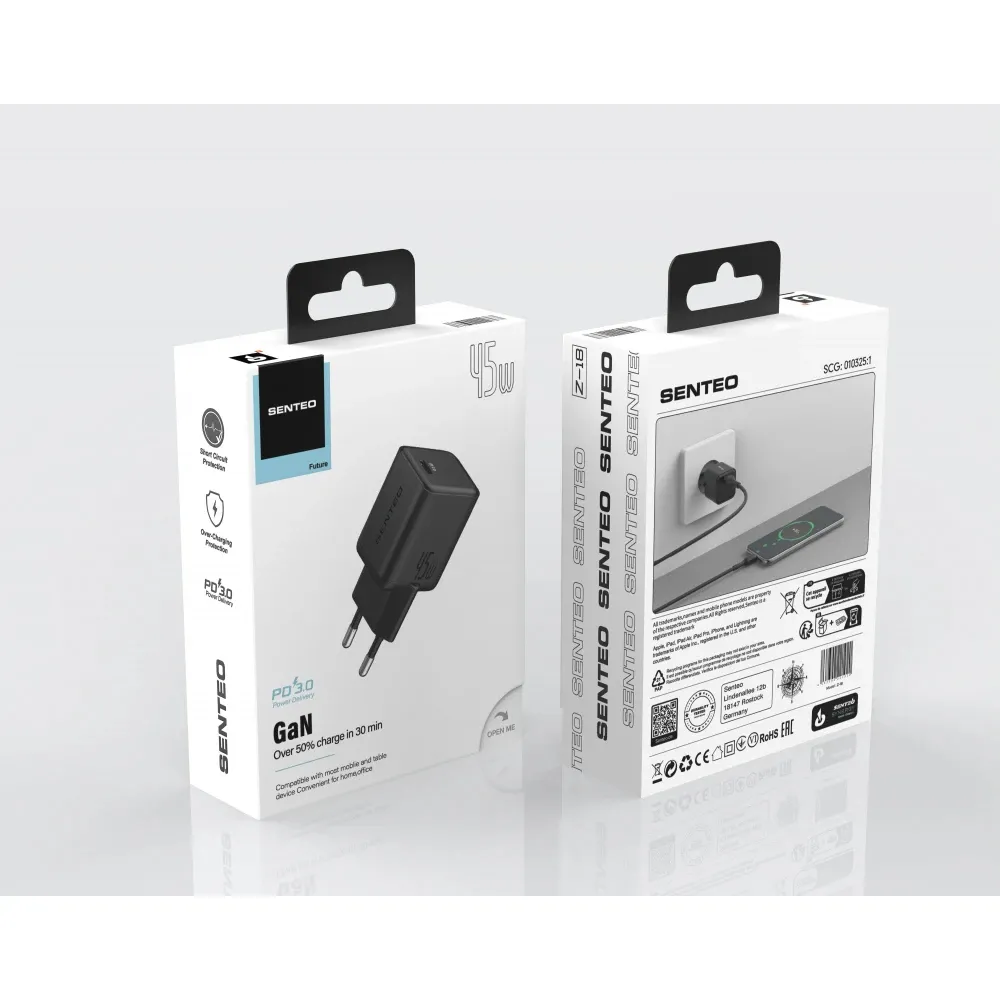 Мережевий зарядний пристрій SENTEO Z-18 USB-C 3A GaN PD 45W Black