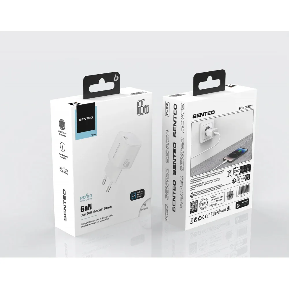 Мережевий зарядний пристрій SENTEO Z-20 USB-C 3A GaN PD 65W White Вхідне підключення: мережа