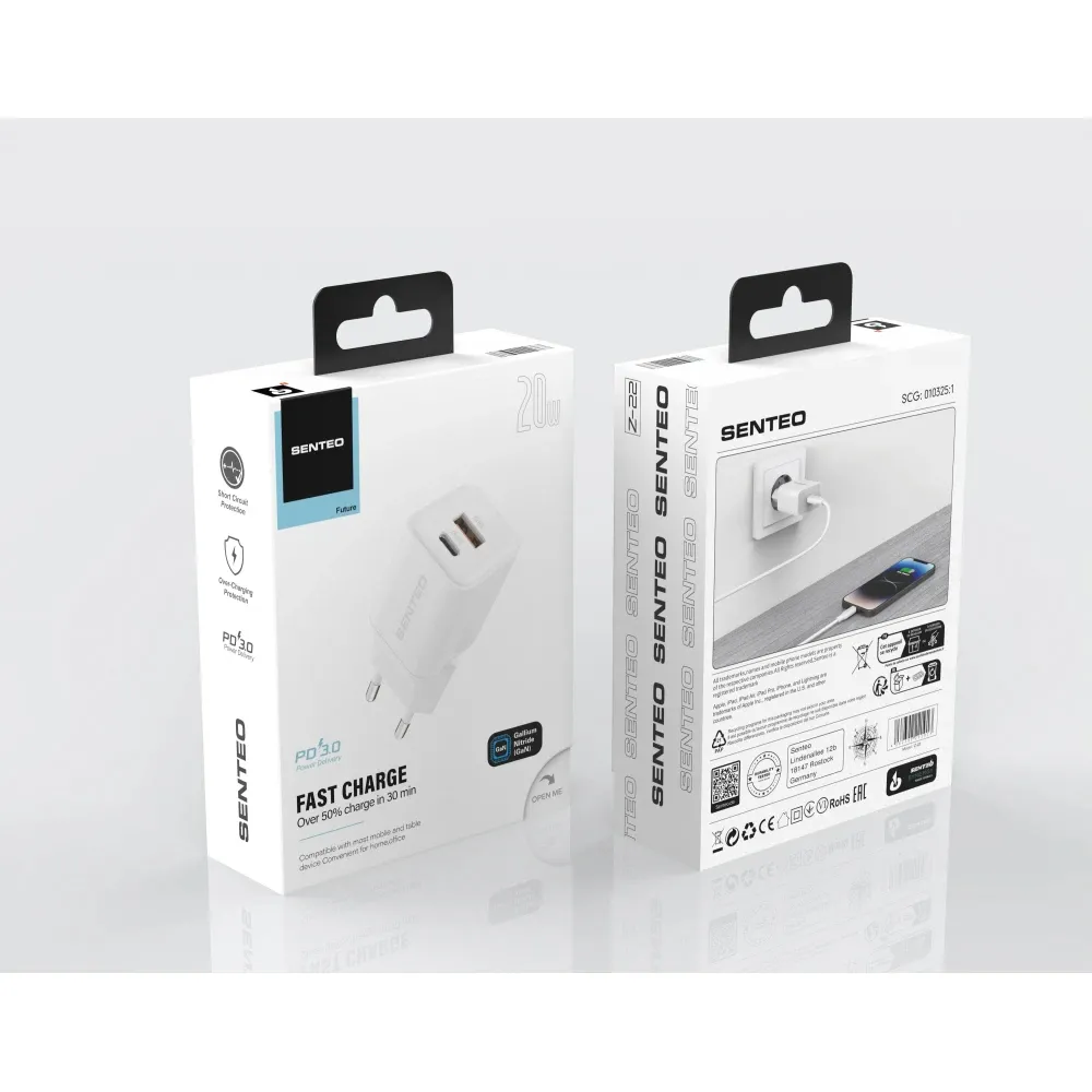 Мережевий зарядний пристрій SENTEO Z-22 USB + USB-C 3A GaN PD 20W White Вхідне підключення: мережа