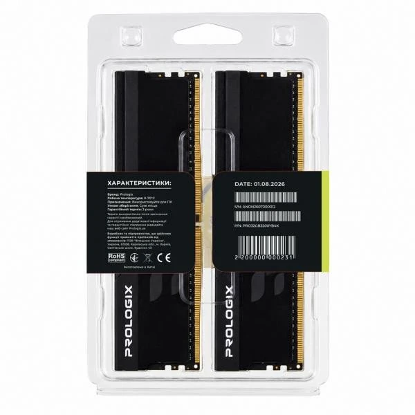 Prologix 32 GB (2x16GB) DDR4 3200 MHz Onyx Black (PRO32GB3200YB4K) (UA)