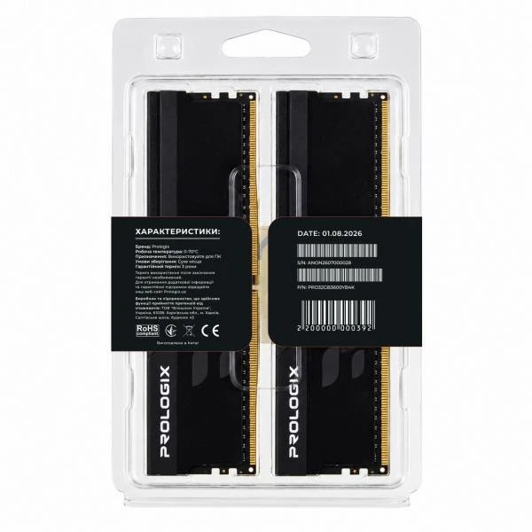 Prologix 32 GB (2x16GB) DDR4 3600 MHz Onyx Black (PRO32GB3600YB4K) (UA)