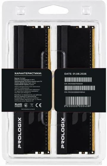 Prologix 32 GB (2x16GB) DDR4 3600 MHz Onyx Black RGB (PRO32GB3600YBR4K) (UA)