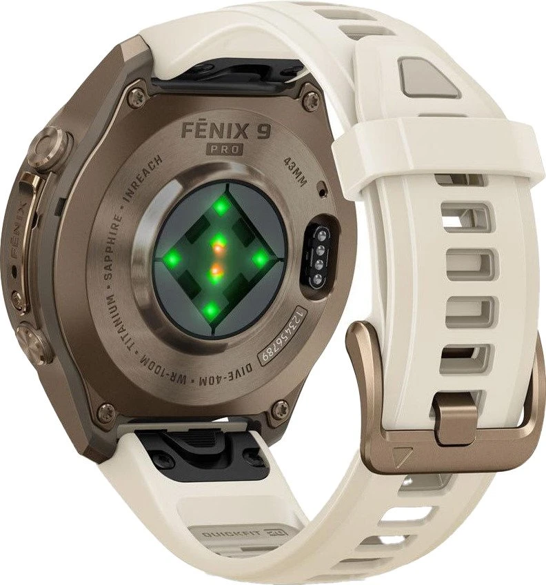 Смарт-годинники Garmin Fenix 9 Pro inReach 43mm Осіння золота титанова з кремовим/французьким сірим силіконовим ремінцем (010-04335-20/21)