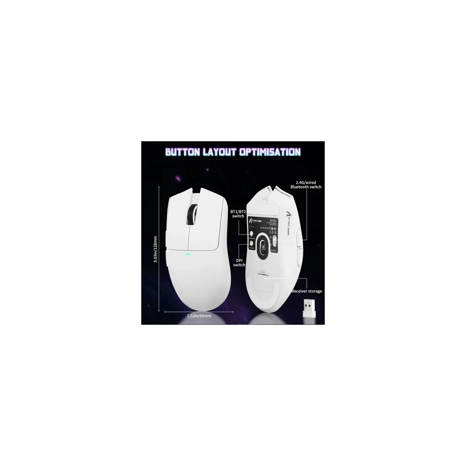 Attack Shark X11SE Wireless/Bluetooth White (X11SEW_AS) (UA) Тип: Ігрові; Підключення: