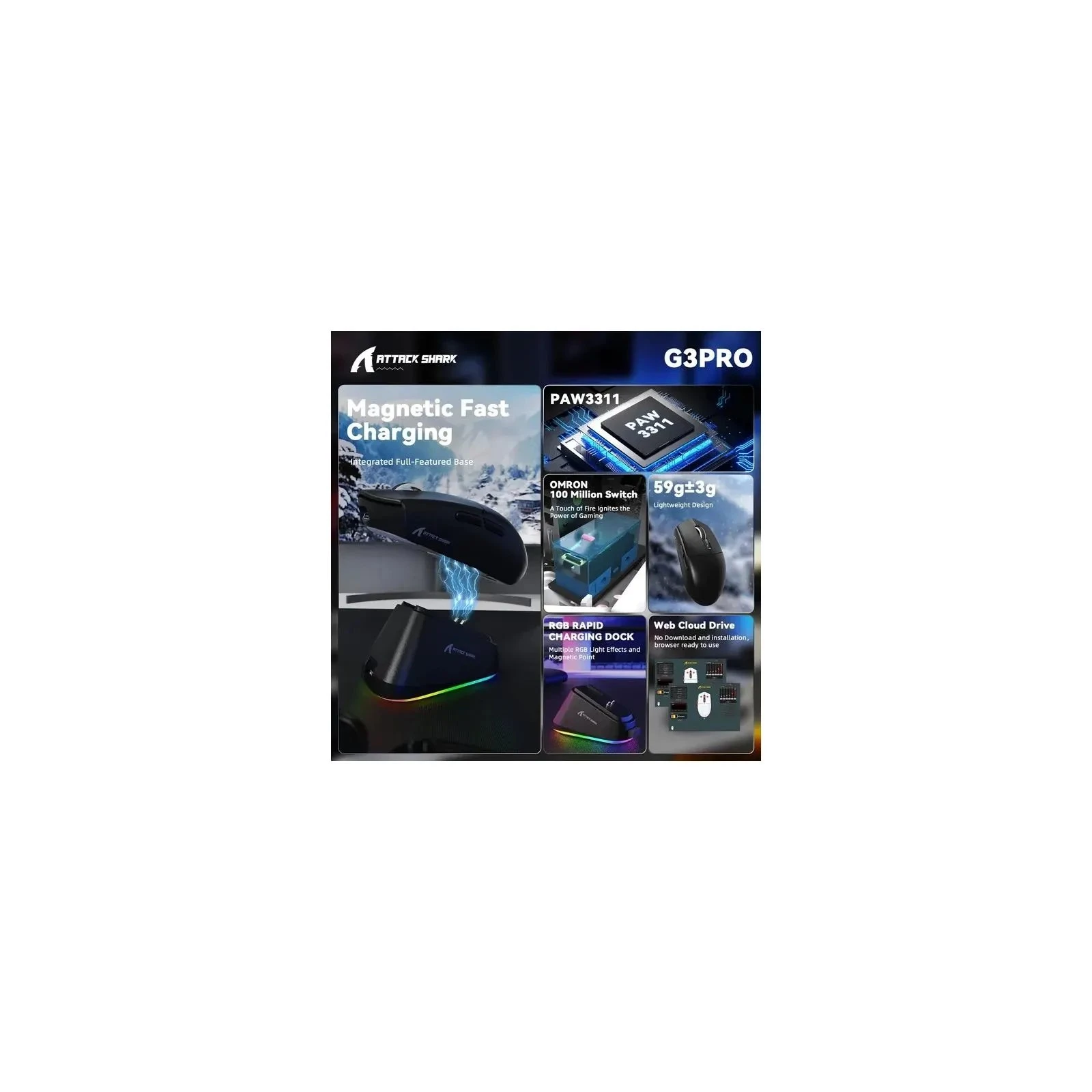 Attack Shark G3 PRO Wireless/Bluetooth Black (G3PROB_AS) (UA) Тип: Ігрові; Призначення: для