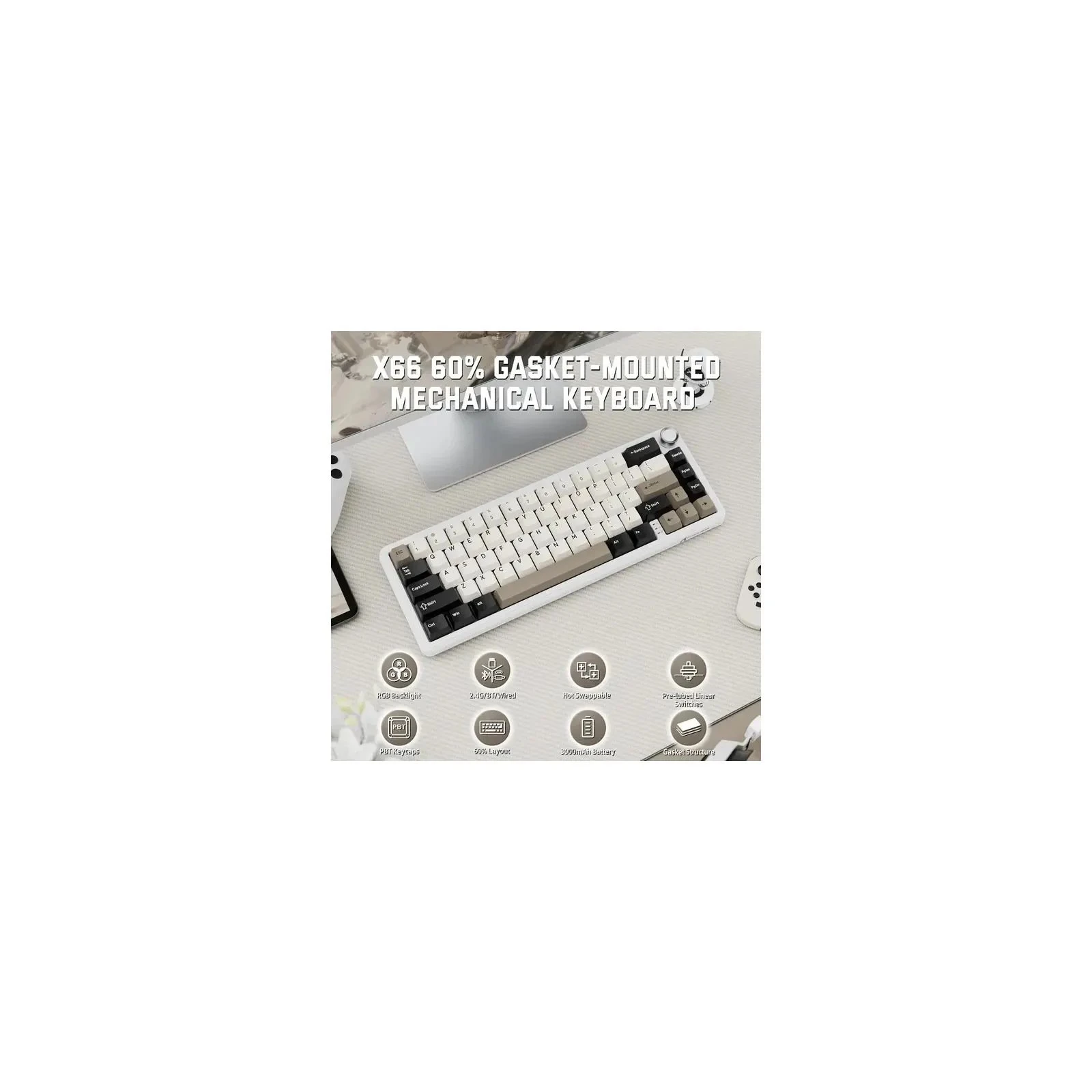 Attack Shark X66 RGB Wireless/Bluetooth/USB UA White Cheese (X66CW_AS) (UA) Тип: ігрова , мультимедійна , з