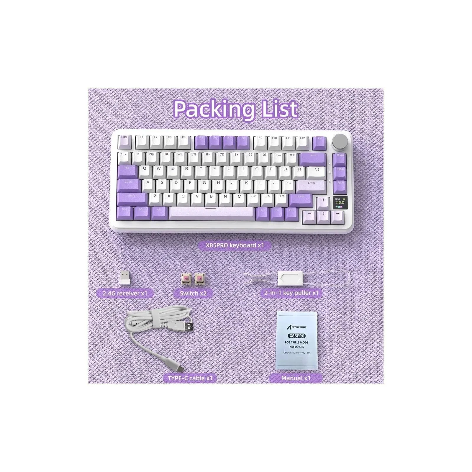 Attack Shark X85PRO RGB Wireless/Bluetooth/USB UA Lavender (X85PROL_AS) (UA) Тип: ігрова , мультимедійна , з