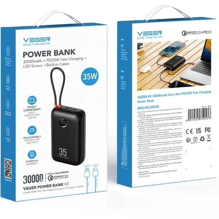 VEGER 30000mAh K3 35W PD QC3.0 black (6977525750137) (UA) Ємність: 30000 mAh; Призначення: для