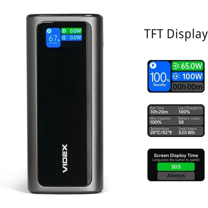 Videx 20000mAh 130W PD/100W TFT LCD Display (VPB-350-G) (UA)