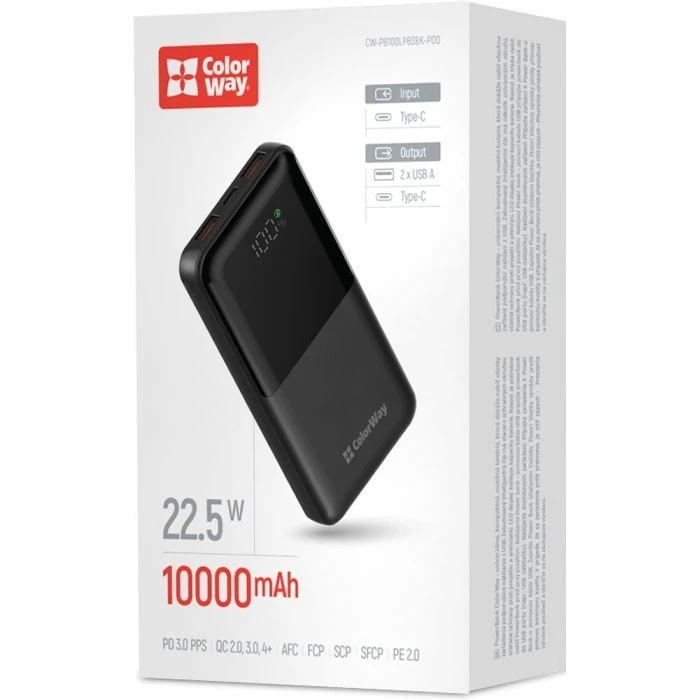 ColorWay 10 000 mAh PD/22.5W, QC/3.0, LCD, Black (CW-PB100LPB3BK-PDD) (UA)