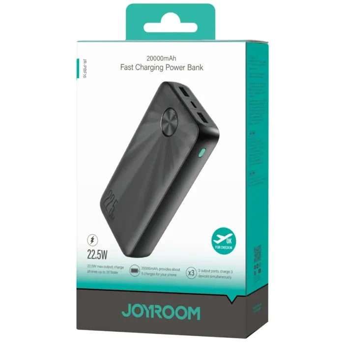 JOYROOM 20000mAh 22,5W PD, QC/3.0, 2*USB-A, USB-C In/Out Black (JR-PBF16) (UA)