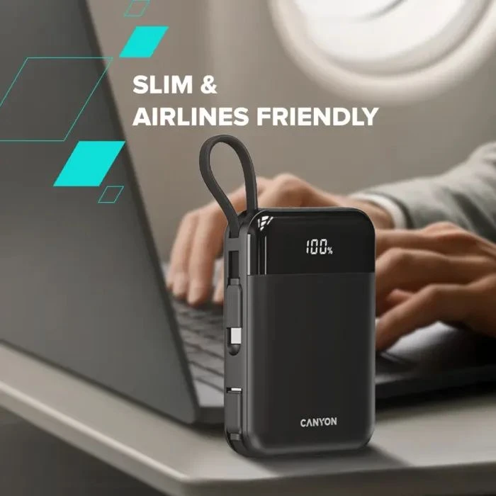 Canyon 10000mAh OnPower 104 PD/20W, QC/22.5W built-in cable Black (CNS-CPB104B) (UA)