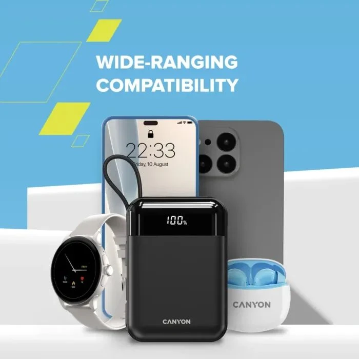 Canyon 10000mAh OnPower 104 PD/20W, QC/22.5W built-in cable Black (CNS-CPB104B) (UA)