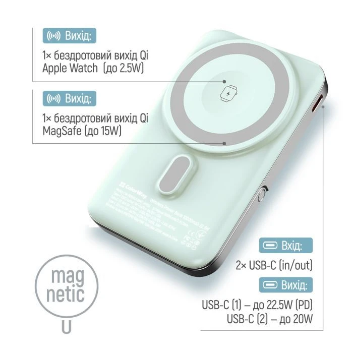 ColorWay 10 000 mAh PD/22.5W, 15W MagSafe & Watch Wireless Aquamarine (CW-PB100LPA2MT-WPDD) (UA)