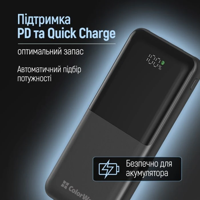 ColorWay 10 000 mAh PD/22.5W, QC/3.0, LCD, Black (CW-PB100LPB3BK-PDD) (UA)