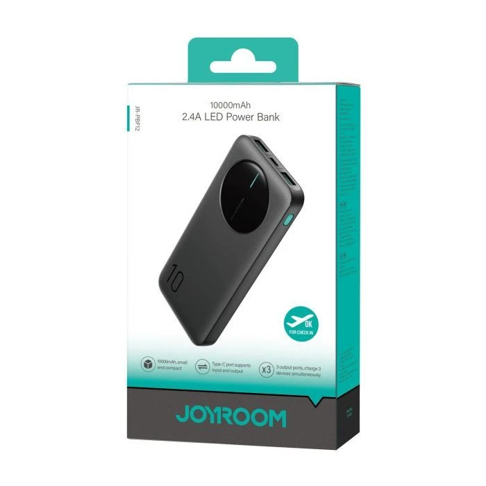 JOYROOM 10000mAh 12W 2*USB-A, USB-C In/Out, Black (JR-PBF12 / 6956116713256) (UA) Ємність: 10000 mAh; Вихідний струм: 2.4