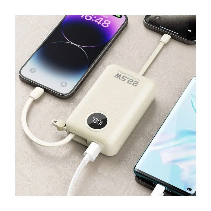 Dudao 20000mAh K14+ 22.5W, PD, QC, USB-A, USB-C(In/Out), with built-in USB-C/Lightning cables, White (6977196680023) (UA)