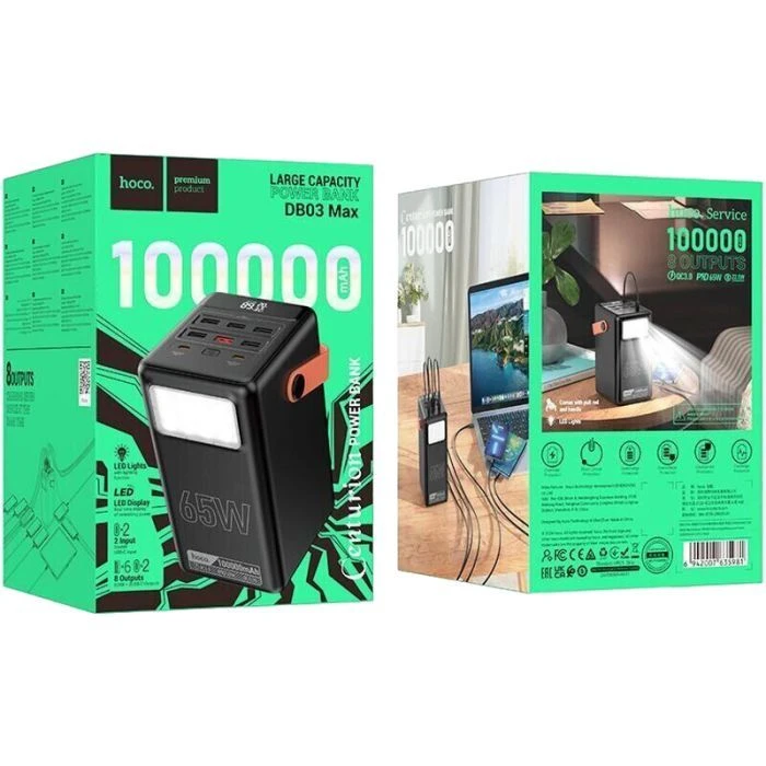HOCO 100000mAh Max Centurion PD/65W, QC, LED Lamp, Black (DB03 / 714722) (UA)