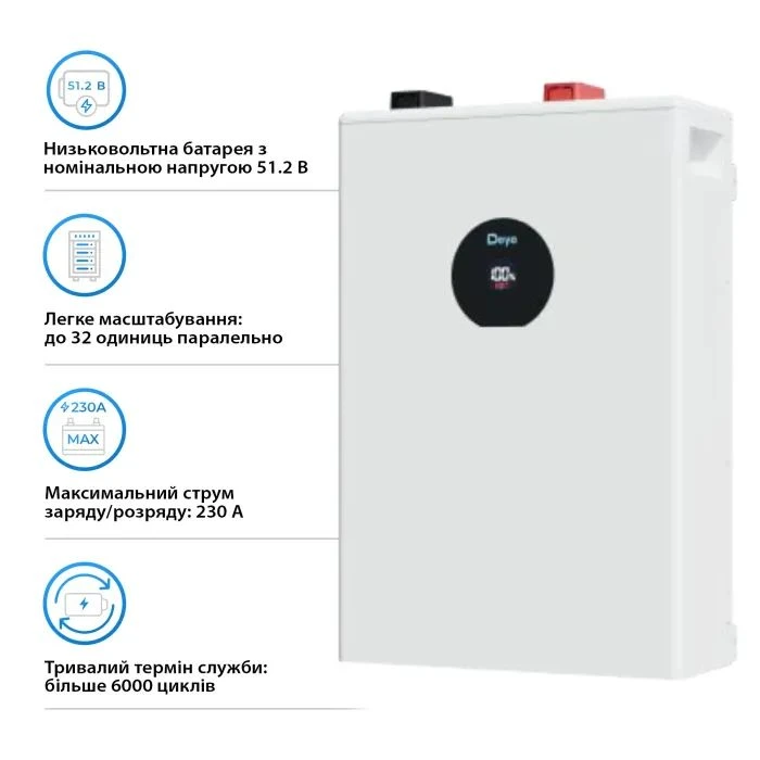 LiFePo4 Deye SE-F12-C, 51.2V - 230Ah, 11.8kWh (SE-F12-C) (UA) Напруга: 51.2 В; Ємність: 230 Аг;